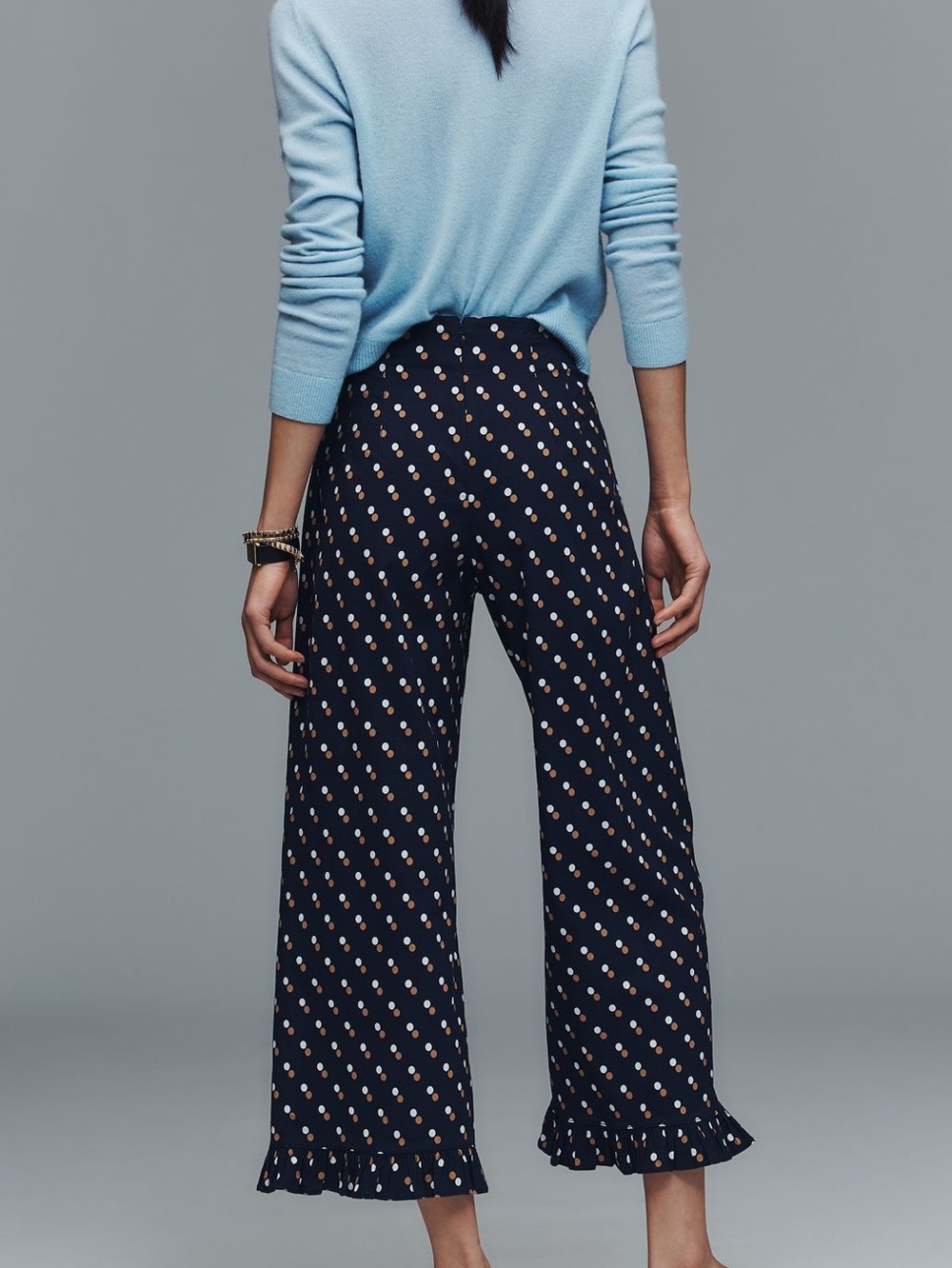 Anthropologie Colette Pants Maeve Cropped Wide Leg Ruffle Hem New 26 Navy Dot